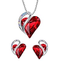 Leafael Infinity Love Heart Necklace and Stud Earrings for Women, July Birthstone Crystal Jewelry, Silver Tone Bundle Gifts for Women, Siam Ruby Red