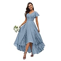 Lace Mother of The Bride Dress V Neck Tea Length Formal Party Gown Applique Short Sleeve Chiffon Bridesmaid Dress ZA905