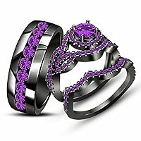 2.30ct Round Cut Simulated Amethyst Wedding Trio His Her Bridal Ring Set 14k Black Gold Plated 925 Sterling Silver