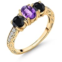 Gem Stone King 2.25 Ct Oval Checkerboard Purple Amethyst Black Sapphire 18K Yellow Gold Plated Silver Ring