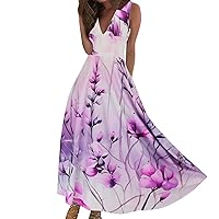 Maxi Dresses for Women V Neck Sleeveless Ruffle Spring Summer Floral Dresses Vacation Swing Flowy Dresses