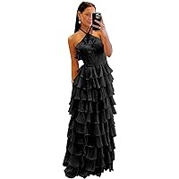 Tiered Tulle Prom Dresses Long Ruffles Ball Gowns Floor Length Halter Formal Evening Party Gowns