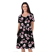 Women's Short Sleeve Empire Knee Length Dress with Pockets Blk/Pnk Floral