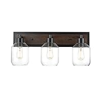 Globe Electric Williamsburg 3-Light Vanity Light, Matte Black, Faux Wood Accent, Clear Glass Shades