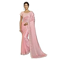 pink Woman's Silk Striped Saree Indian Designer Blouse sari FI400