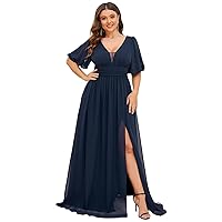 Ever-Pretty Plus Womens V-Neck Puffy Sleeves Ruched Bust A-Line Slit Maxi Plus Size Formal Evening Dress 01385-DA