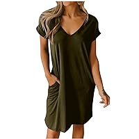 Women's Casual Summer Dresses Short Sleeve T Shirt Dress Nightgown V Neck Loose Solid Color Basic Dresses with Pockets Deal of The Day Today