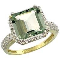 Silver City Jewelry 10k Yellow Gold Diamond Halo Genuine Green Amethyst Ring Cushion-Cut 11x11mm Sizes 5-10