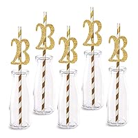 23rd Birthday Paper Straw Decor, 24-Pack Real Gold Glitter Cut-Out Numbers Happy 23 Years Party Decorative Straws