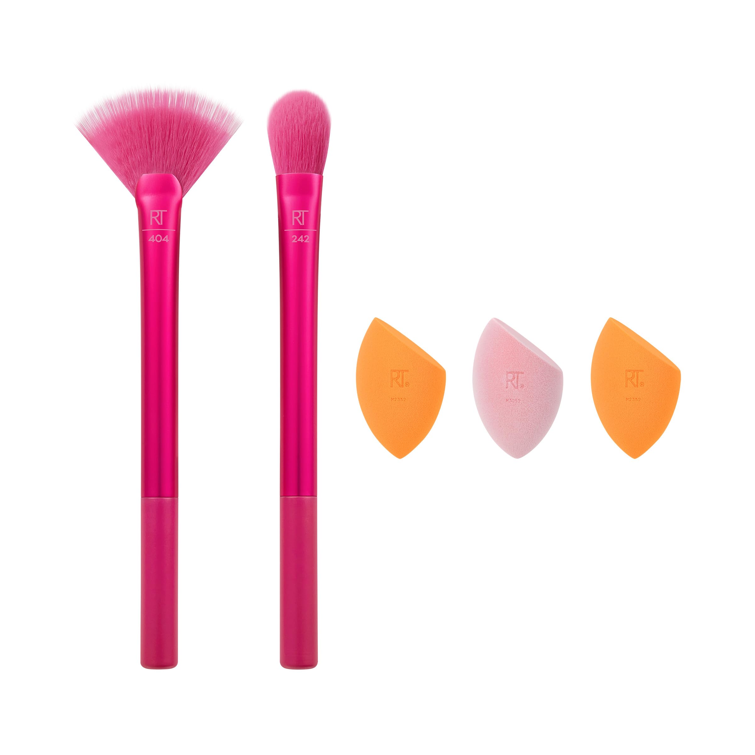 Real Techniques Limited Edition Starlite Nights Brush + Sponge Kit, Makeup Brush & Makeup Blending Sponge Set, For Concealer, Foundation, & Powder, For Matte or Dewy Skin, 5 Piece Gift Set
