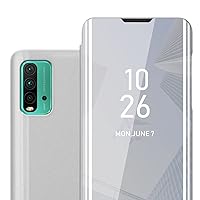 Case Compatible with Xiaomi RedMi 9T / Poco M3 in Agate Silver - Clear View Mirror Protective Cover - Ultra Slim Case Cover Etui Pouch with Stand Function 360 Degree Protection