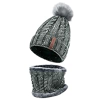 Womens Pom Beanie Hat Scarf Set Girls Cute Winter Ski Hat Slouchy Knit Skull Cap with Fleece Lined
