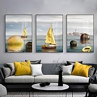 ARTKN Large Wall Art, Bright Style Sailboat Picture Art Home Decor, Abstract Modern Framed Wall Art Living Room Kitchen Dining Room Office Wall Decor (Gold, 24