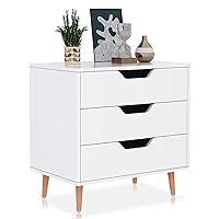 Wooden Dresser for Bedroom with 3 Drawers, Chest Organizer for Living Room, Bedroom, Entryway or Office, Closet Organizer with Wooden Legs, Nightstand Bedside Table Furniture, White