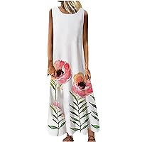 Women's Bohemian Print Beach Round Neck Trendy Glamorous Dress Casual Loose-Fitting Summer Sleeveless Long Flowy Swing