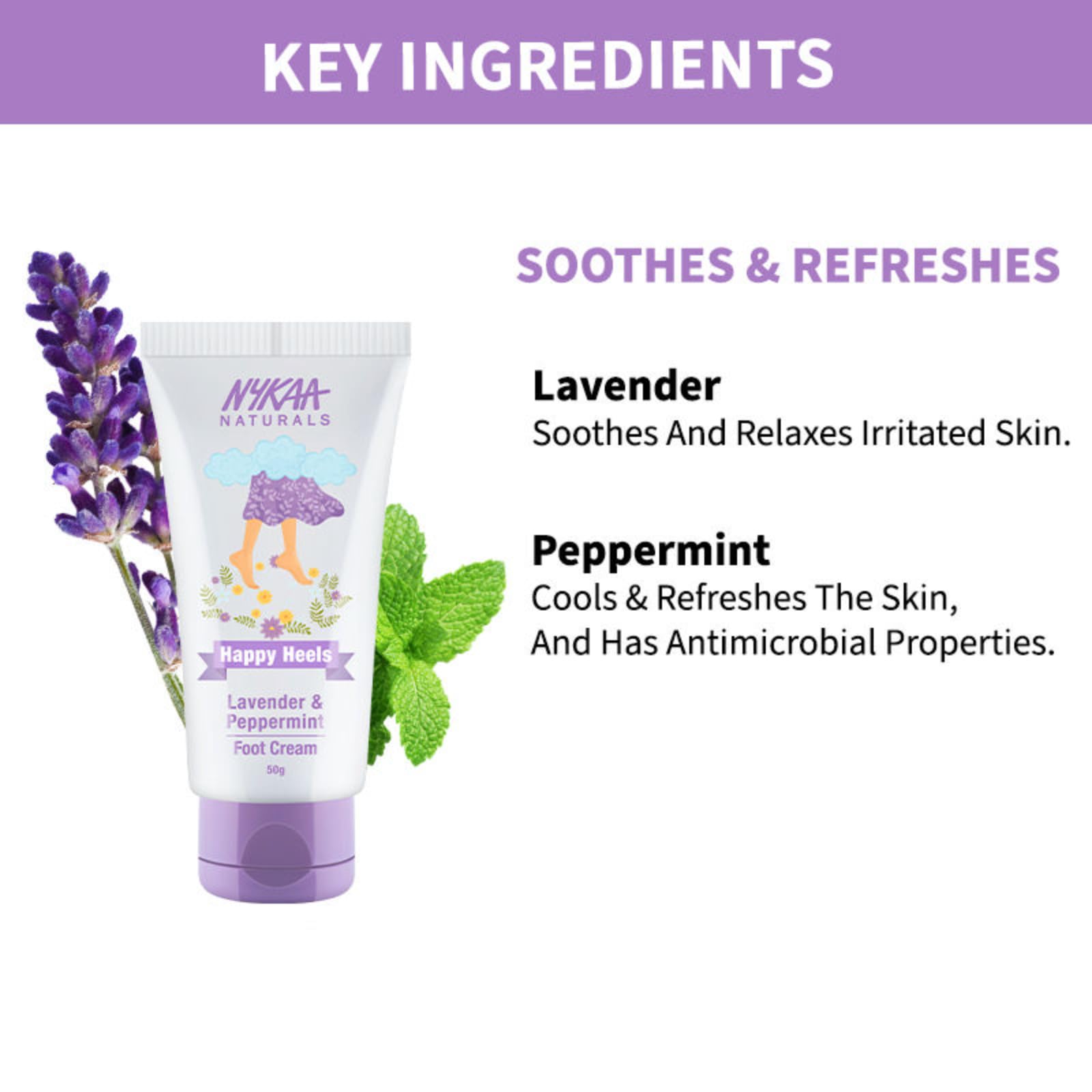 Nykaa Naturals Happy Heels Footcream - Non-Greasy Lotion - Exfoliates and Softens Rough Feet - Delicate Fragrance - Lavender and Peppermint - 1.7 oz