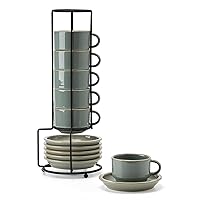JIEMEI HOME Porcelain Stackable Espresso Cups with Saucers and Metal Stand, 4 Ounce Demitasse Cups for Latte, Cafe Mocha Tea-Set of 6 Espresso Mugs, Reactive Glaze, Green