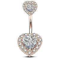 OUFER Surgical Steel Double Heart Cubic Zirconia Navel Rings Belly Button Ring 14G (Rose gold)