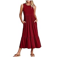 Summer Dress Women 2024 Sleeveless Tiered Maxi Dress Fashion Solid Round Neck Swing A-Line Beach Sun Dresses with Pocket