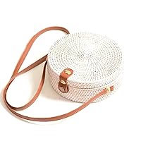 Kbinter Handwoven Round Rattan Straw Bag for Women Shoulder Leather Button Straps Natural Chic Handmade Boho Bag Bali Purse