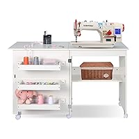 Usinso Folding Sewing Table Multifunctional Sewing Machine Cart Table Sewing Craft Cabinet with Storage Shelves Portable Rolling Sewing Desk Computer Desk with Lockable Casters(White)