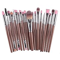 20pcs Makeup Brush Set Powder Foundation Eye Shadow Eyeliner Eyelash Lip Brush Make Up Brush Tool Kit (brown handle + silver tube)