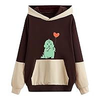 Fall Women Dinosaur Print Hoodies Kawaii Color Block Pullover Sweatshirts Cute Casual Fashion Hooded Tops For Girls