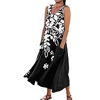 2024 Summer Dress for Women Casual Comfortable Solid Colour Print Sleeveless Cotton Pocket Plus Size Dress