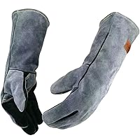 14 Inches,932℉,Leather Forge Welding Gloves medium, Heat/Fire Resistant,Mitts for BBQ,Oven,Grill,Fireplace,Tig,Mig,Baking,Furnace,Stove,Pot Holder,Animal Handling Glove.Black-gray