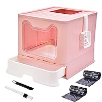 Panghuhu88 Foldable Cat Litter Box with Lid, Large Top Entry Cat Toilet, Enclosed Cat Potty Include Cat Litter Scoop, Drawer Type Easy Clean Cat Litter Pan (Pink, 20