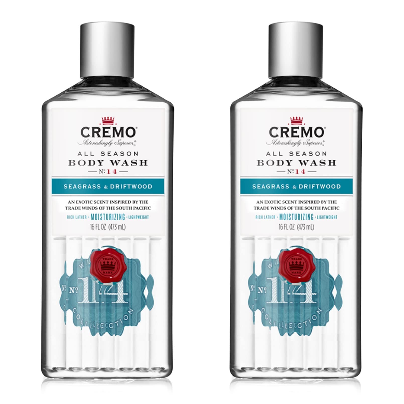 Cremo Rich-Lathering Seagrass & Driftwood Body Wash, A Coastal Scent with Notes of Sea Salt, Seagrass & Driftwood, 16 Fl Oz (2-Pack)