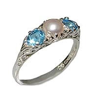 10k White Gold Cultured Pearl and Blue Topaz Womens Band Ring