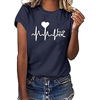 Tops para Mujer Electrocardiograma Camiseta Estampado corazón Camisetas de Manga Corta Blusa Cuello Redondo Camisetas