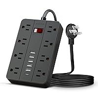 Surge Protector Flat Extension Cord Flat Plug Power Strip, AOFO 8 Widely Spaced Outlets and 6 USB Charger(1 USB C Port), 5 Ft, for Travel, Office, School, Dorm Room Essentials, Black
