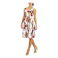 Taylor Dresses Womens Petite Taylor Dresses Sleeveless V-Neck Floral Print A-line Waist Tie Linen Dress, Ivory Multi