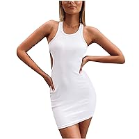 Women's Round Neck Trendy Solid Color Slim Cami Dress Sleeveless Knee Length Dress Ruched Casual Summer Tank Dress White