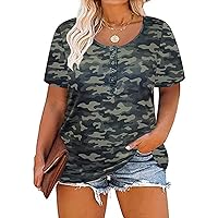 RITERA Plus Size Tops for Women Casual Basic Camo Shirts Summer Short Sleeve Tunic Oversized Blouse Henley Shirt Xl-5Xl