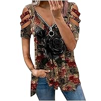 Wirziis Summer Women Cold Shoulder T-Shirt Fashion Casual Loose Fit Sexy Tunic Tops Short Sleeve Vneck Zipper Blouses Tees
