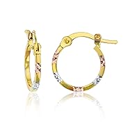 14k Tri Color Gold Solid Polished Diamond Cut Flat Hoop Earrings for Women | 1.50mm Thick | Italian Gold Hoops | Diamond Cut Hoop Earrings | Secure Click-Top | Shiny Polished Earrings, 10mm-40mm