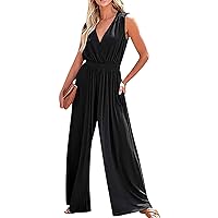 Women's Jumpsuits, Rompers & Overalls Sleeveless Deep V Neck Ruched Wide Leg Jumpsuit Long Romper with Pockets