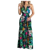 Vacation Dresses for Women Summer Sexy Halter Boho Sundresses Tropical Print Hawaiian Maxi Dresses Beach Flowy Dress