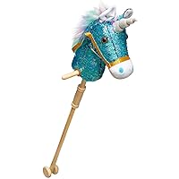 HollyHOME Sequin Unicorn Stick Horse with Wood Wheels Real Pony Neighing and Galloping Sounds Plush Unicorn Toy Blue 36 Inches(AA Batteries Required)