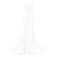DYS Women's Sequins Mermaid Prom Dress Spaghetti Straps V Neck Backless Gowns White US 6