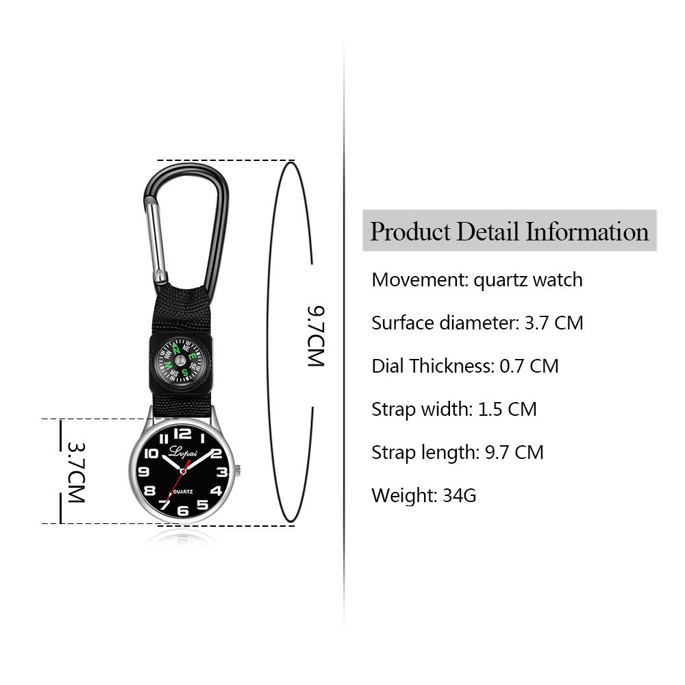 Clip On Watches for Men Black Pocket Watches Sport Canvas Band Fob Watch with Portable Compass