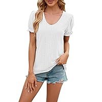 Women's Y2K Tops Solid Color Round Neck Loose Button Short Sleeved T-Shirt Cable Knit Beach Pullover Top, S-2XL