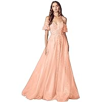 Puff-Sleeve Strapless Glitter Prom Ball Gown Applique Formal Dress for Women