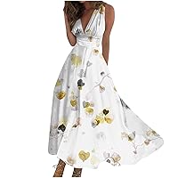 Dresses for Women 2024 Wrap V Neck Flowy Ruched Maxi Dress Sleeveless Floral Printed Beach Dresses Boho Sundresses