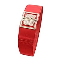 Women Red Wide Elastic Fashion Belt Gold Metal Bling Square Buckle Size S M z090