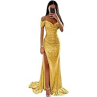 Sequin Prom Dress Off The Shoulder Formal Dresses for Women Ruched Evening Party Cocktail Dresses with Slit
