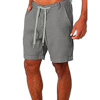 Mens Summer Cotton Linen Casual Shorts Elastic Waist Drawstrings Cruise Ship Shorts for Men Classic Solid Board Shorts